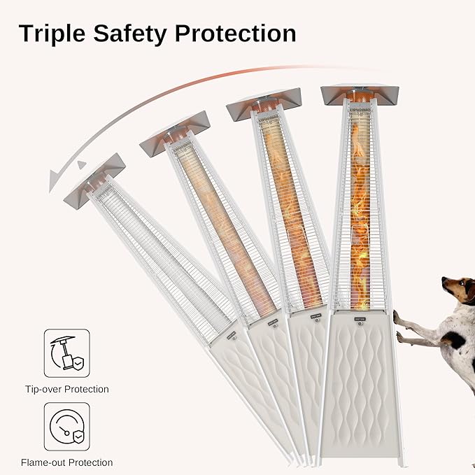 EAST OAK Pyramid Patio Heater, 48,000 BTU Outdoor Patio Heater, Quartz Glass Tube Propane Heater, Triple Protection System, With Wheels, Outdoor Heater for Commercial & Residential, White