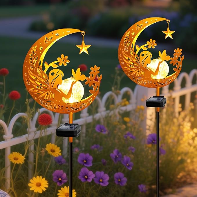 YJFWAL Garden Solar Fairy Lights Pathway Stake Lights Glass Globe with Moon Angel Decor, Gifts for Mom Grandma Friends, Outdoor Decor Light Waterproof for Walkway, Yard, Patio or Garden (Warm White)