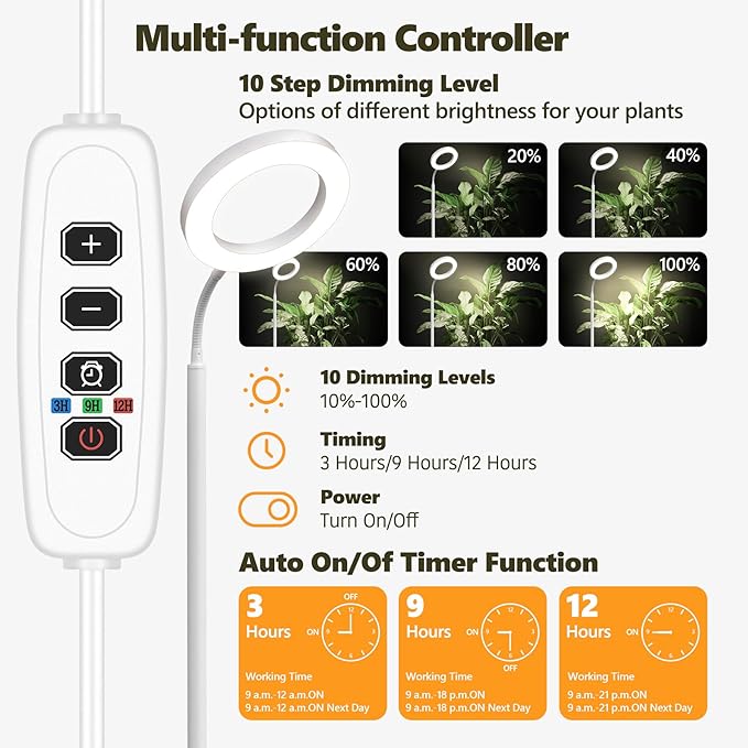 Plant Grow Light, 20W Growing Lights for Indoor Plants Full Spectrum, LED Floor Lamp with Height Adjustable Stand, Auto Timer 3/9/12H,10 Dimmable Brightness for Small Large Tall Plants Growth