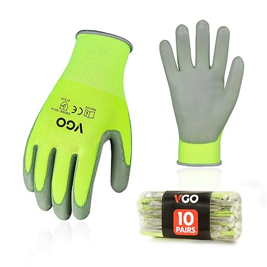 Vgo... 10-Pairs Safety Work Gloves, Gardening Gloves, Polyurethane Coated, Dipping Gloves, Latex Free (Size L, Yellow, PU2103)