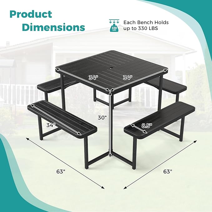 Giantex Picnic Table Bench Set for 4-8 People, 34" Outdoor Square Dining Table & 2 Benches w/Umbrella Hole, HDPE Tabletop, Metal Frame, Patio Camping Furniture for Backyard Porch Lawn (Black,Square)