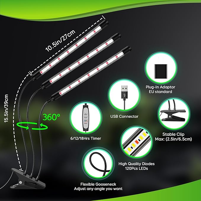 Tri-Heads Grow Lights for Indoor Plants, Full Spectrum Plant Lights for Indoor Growing with Adjustable 360° Gooseneck, 6/12/18H Timer & Dimming for Seedlings(Pack 2)