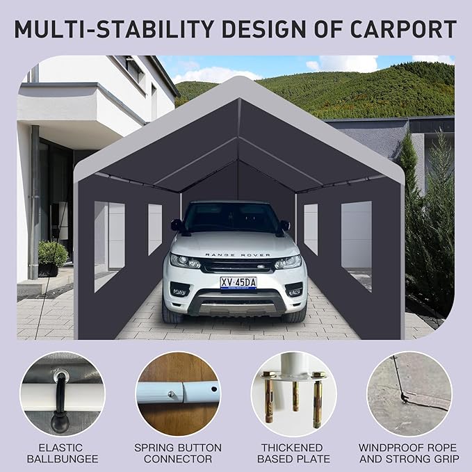 10x20 ft Heavy Duty Carport Canopy with Transparent Windows,Removable Doors Portable Garage with Metal Frame, Car Canopy with Waterproof & UV-Resistant for Car, Truck, Boat
