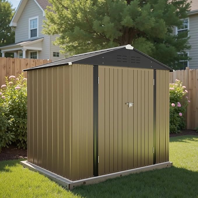 Greesum 8×6FT Outdoor Storage Shed, Metal Patio Storaged Sheds with Lockable Doors, Sheds & Outdoor Storage for Bike, Backyard, Pool and Garden, Brown