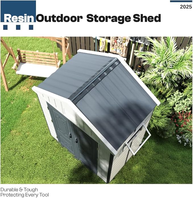 Kingdura 6x4 FT Resin Outdoor Storage Shed with Reinforced Floor, All-Weather Resistant Plastic Garden Outside Bike Tool Shed with Lockable Doors, Window for Backyard Patio Poolside
