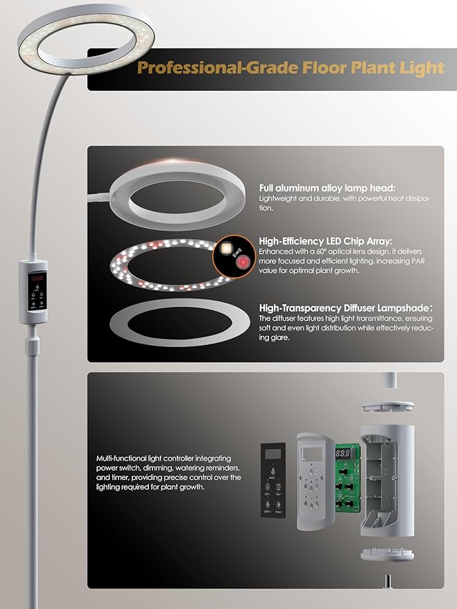 Smart Grow Lights for Indoor Plants,24W Plant Light with Auto-Timer,Full Spectrum LED Grow Light, Adjustable Height & Stepless Dimming,Plant Assistant Suitable for Most Plants (White, 24W)