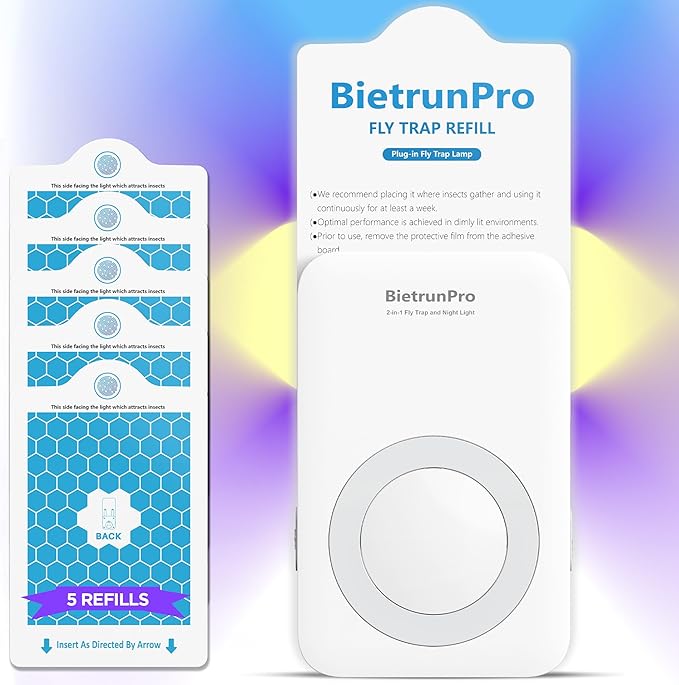 Fly Traps Indoors(1 Device+5 Refills), Gnat Traps for House Indoor with Night Light, 3-in-1 UV/Blue/Yellow Light Plug-in Flying Insect Traps, Fruit Fly Killer, NAT Killer, Get Rid of Gnat Infestation