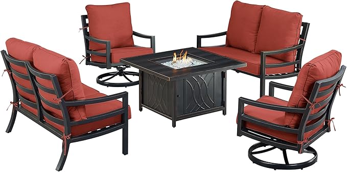 Oakland Living Black Aluminum Patio Fire Table Set with Two Deep Seating Loveseat with Cushions and Two Club Chairs with Red Cushions