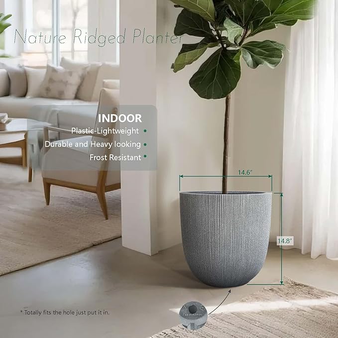 14.8" Tall Round Plastic Planter for Indoor Outdoor Plants, Large Indoor Outdoor Plant Pots with Drainage Hole and Plug, Flower Pots for Plants, Modern Decorative Planter Pots for Home Garden Patio