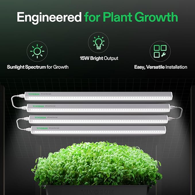 VIVOSUN 2ft Grow Lights for Indoor Plants Full Spectrum, LED Plant Lights 60W(4 X 15W), T5 Grow Light Strip for Seed Starting, Greenhouse, Hydroponics, SGS Compatible, Linkable, 5000K, 4-Pack