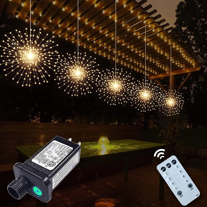 5 Pack 1000LED Plug in Starburst Sphere Lights,Firework Light 8 Modes Dimmable Remote Control Waterproof Hanging Copper Wire Fairy Light for Patio Party Tent Christmas (Warm White)