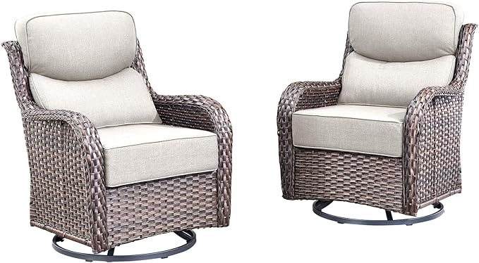 Luxury High Back Outdoor Swivel Rocker Patio Chairs with Side Table & 6-Inch Thick Cushions, 2 Pieces Patio Furniture Set for Porch, Balcony, Deck and Yard