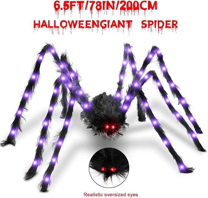 Halloween Decorations Outside Giant Spider：Acina Outdoor Decor Lighted Spider 6.6FT, Light Up with 90 LED for Yard Porch Gardens Lawns Party (6.5FT/78IN/200CM Halloween Giant Spider)