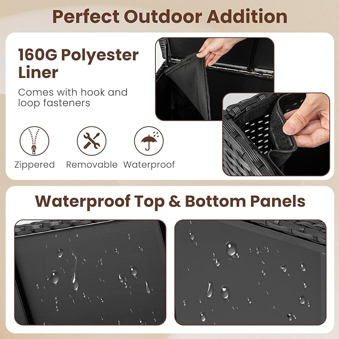 Tangkula Rattan Deck Box, 85 Gallon Storage Container with Waterproof Liner, Wheels & Gas Strut, Indoor Outdoor Wicker Storage Cabinet, Storage Furniture for Pillows, Cushions (Black)