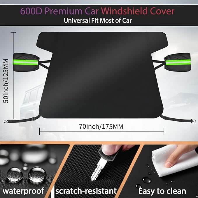 Windshield Cover for Ice and Snow - 600D Oxford Fabric Car Windshield Snow Cover Heavy Duty, Magnetic Car Anti-Snow Cover for Most Sedan Truck SUV Van and MPV, Winter Cars Accessories (70 x 50 Inch)