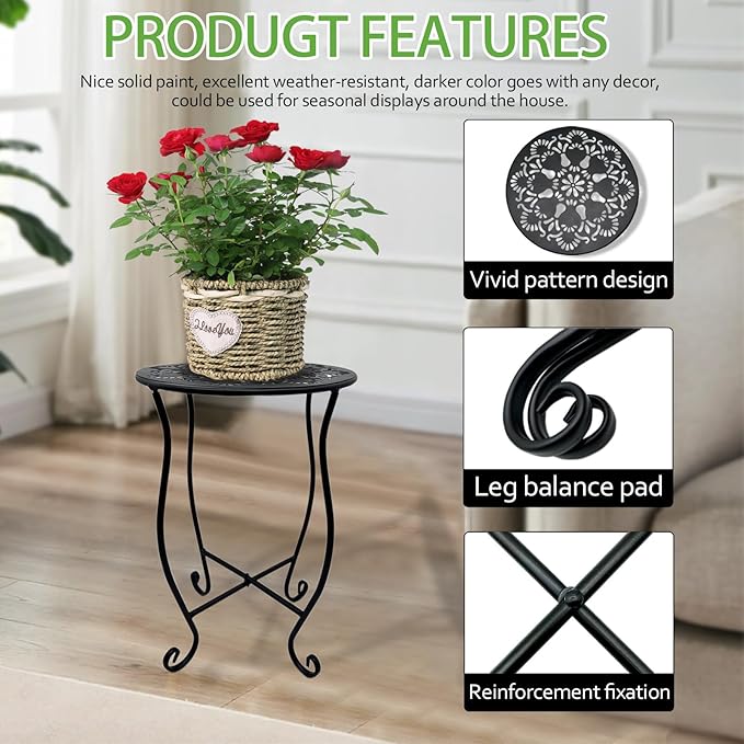 2pcs Plant Stand for Flower Pot Rack,Round Black Metal Plant Stand Indoor, Decorative Black Flower Pot Stand Plant Table, Rustproof Potted Holder Outdoor Plant Stands for Home Garden(1 large