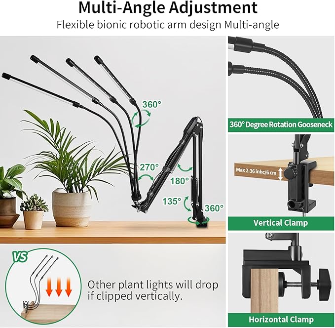 Grow Light for Indoor Plants, Full Spectrum Clip Plant Lamp for Indoor Plants, LED Growing Light with 4 Heads, Flexible Mount, 3/9/12H Timer, 10 Dimmable Level, 3 Spectral Modes