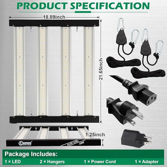 Lucius 120W LED Grow Light with LM281B Diodes, 2.9 µmol/J High Efficiency, 4-Bar 600 Diodes, 348μmol/s,Full Spectrum Plant Grow Lamp for Indoor Plants, Seeding, Veg, Bloom, 120/240/277V