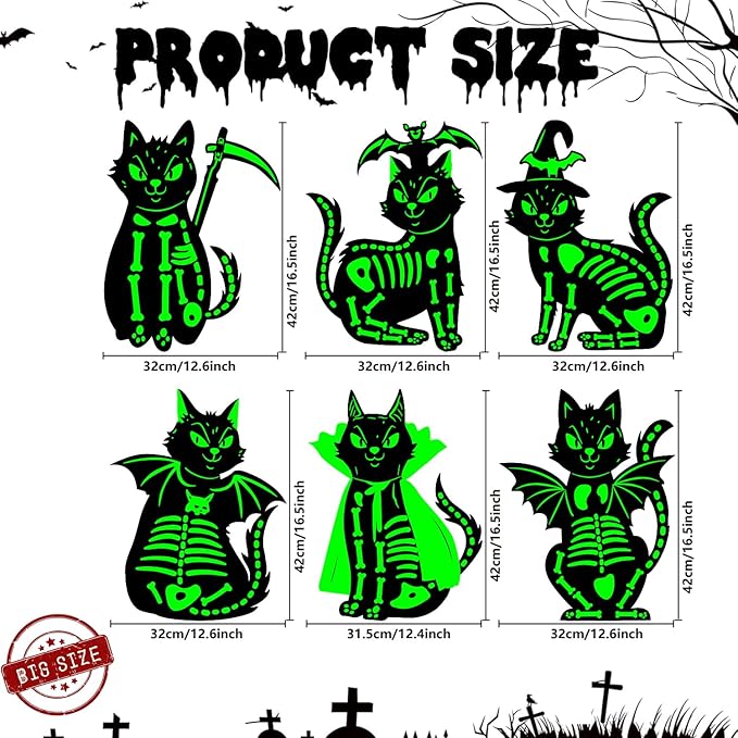 Outdoor Halloween Cat Decor, 6Pcs 16.5”×12.6” Glow in the Dark Black Cat Yard Stake, Waterproof Scary Porch Graveyard Decoration with Light-Up Effect, Suitable for Garden, Party and Home Decor