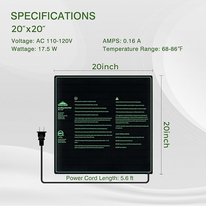 EAGLE PEAK Waterproof Seedling Heat Mat 20" x 20", UL & MET-Certified Heating Pad for Seed Starting, Germination, and Hydroponic Gardening, Includes (1) Warming Mat