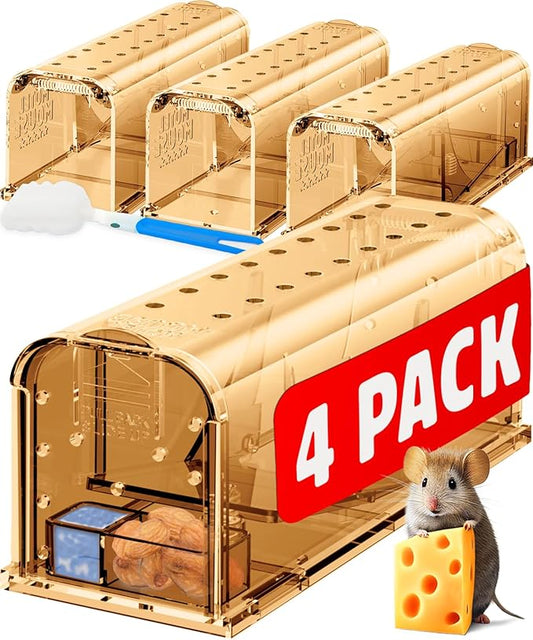 Motel Mouse Humane Mouse Traps No Kill Live Catch and Release 4 Pack - Reusable, Easy to Use & Clean, No Touch Release, Sensitive Includes Cleaning Brush, Instruction Manual & Video - Mousetrap Indoor