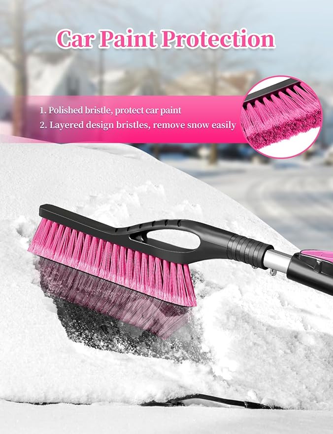 HEEYA Ice Scraper and Brush for Car, Extendable Snow Brush and Ice Scraper for Car Windshield Window, Car Snow Scraper and Brush with Foam Grip for SUV Truck Automobile Vehicle - Pink