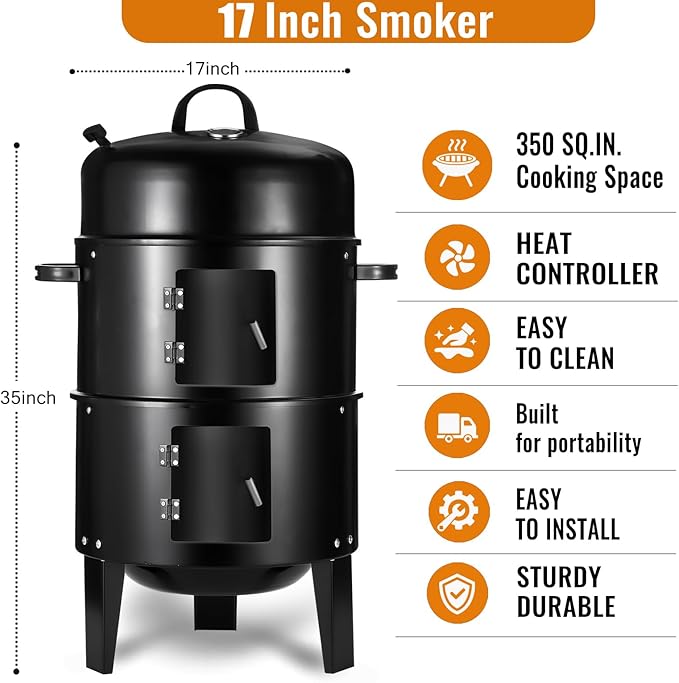 Vertical 17 Inch Charcoal Smoker Grill with Thermometers and Air Vent, Multi-Layer Meat 3-in-1 Portable light weight with 2 Access Doors Grill Smoker (17 INCH)