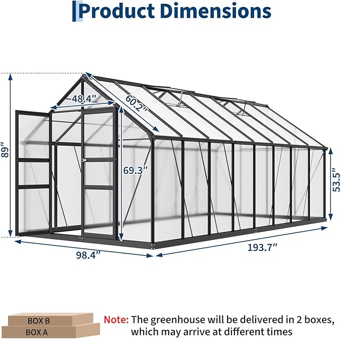 8x16 FT Polycarbonate Greenhouse,Large Walk-in SturdyOutdoor Aluminum Frame Greenhouse with Roof Vent, Lockable Push Door,for Garden, Backyard, Patio & Lawn(Black)