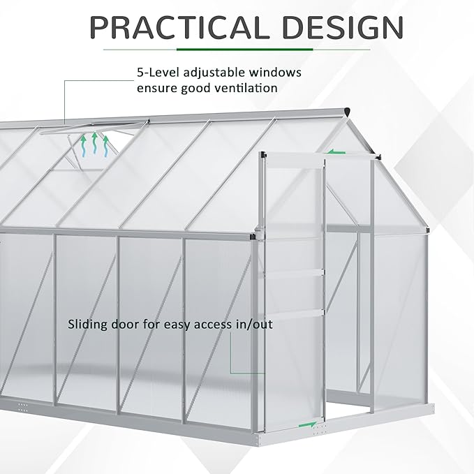 Outsunny 6' x 12' x 6.5' Polycarbonate Greenhouse with Adjustable Roof Vent, Walk-in Heavy Duty Green House Kit with Aluminum Frame, Sliding Door and Rain Gutter for Winter, Silver