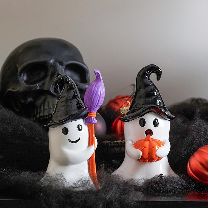 WDS WONDROUS Halloween Decor Ghost Figurines Set of 2 – White Ghosts Decor with Black Witch Hats and Broom&Pumpkin – Resin Cute Ghost Decoration Indoor Table Decor for Shelf Tiered Tray Home