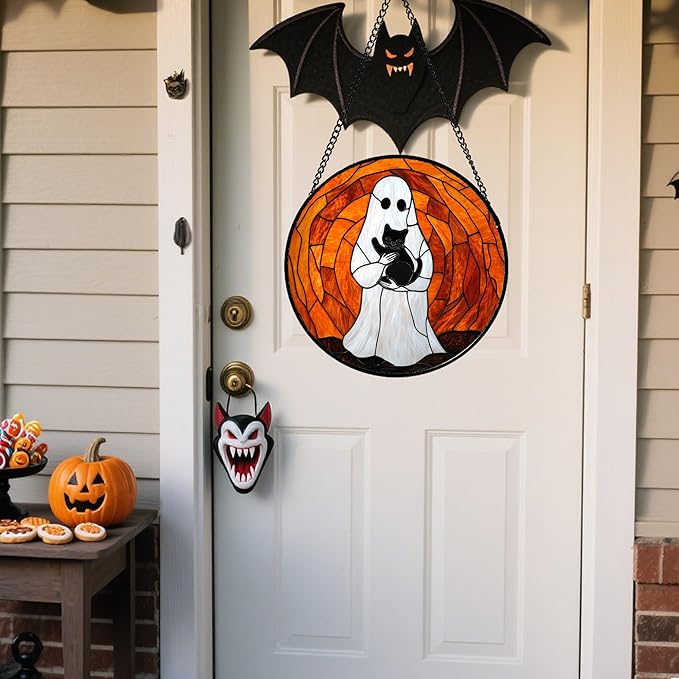 Stained Glass Window Hanging - Halloween Cute White Ghost Black Cat Suncatcher for Doors Garden Home Spooky Orange Sun Catchers Gothic Decor Horror Gift for Women Men Friend Boy Girl 7.8 in