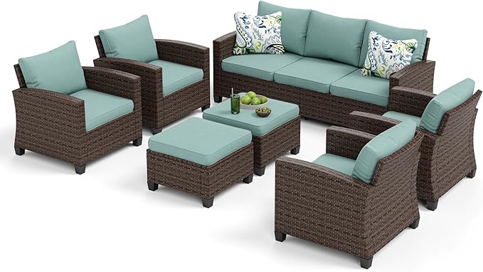 Patio Furniture Set, 7 Pcs Wicker Rattan Outdoor Conversation Set, 4 x Leg Chairs, 1 x 3 Seater Sofa and 2 x Ottoman with 4" Thick Cushion for Garden Backyard Deck, Blue