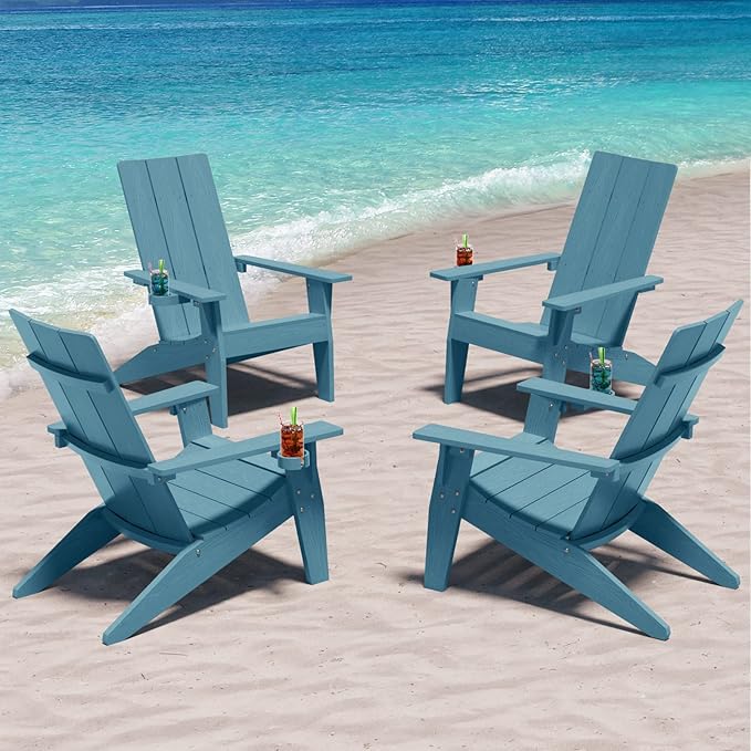 MXIMU Modern Adirondack Chairs Set of 4 Weather Resistant with Cup Holder Oversize Plastic Fire Pit Chairs Plastic Outdoor Chairs for Firepit Area Seating (Blue)