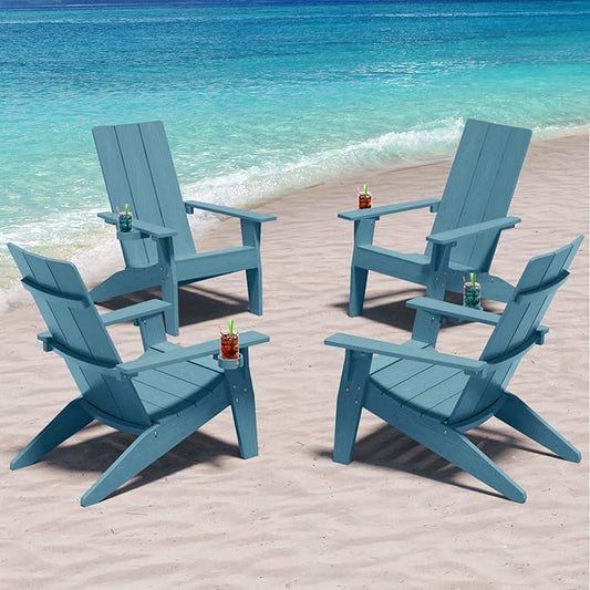 MXIMU Modern Adirondack Chairs Set of 4 Weather Resistant with Cup Holder Oversize Plastic Fire Pit Chairs Plastic Outdoor Chairs for Firepit Area Seating (Blue)