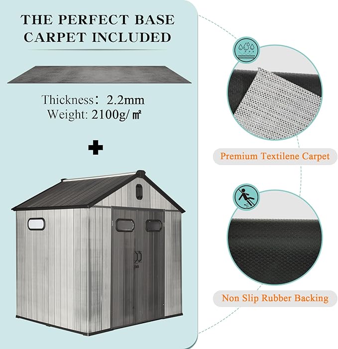 Domi 8x8FT Resin Outdoor Storage Shed with Lockable Door, Waterproof Outside Sheds with Windows & Vents, Heavy-Duty Plastic Tool Storage Shed for Patio Furniture, Lawn Mower, Bike