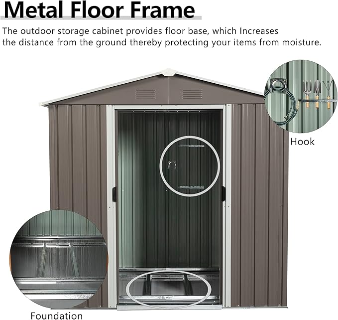 6x5 FT Outdoor Storage Shed, Metal Garden Shed with Frame Floor, Outside Tool Shed with Lockable Sliding Doors, Waterproof Storage Building with Sloped Roof for Backyard, Patio, Lawn, Warm Gray
