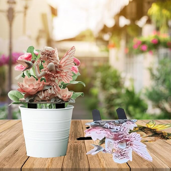 Fairy Garden Stake Decor, 2D Flat Acrylic Fairy Garden Decor Panel, Elf Yard Sign for Outdoor Indoor Yard Lawn Plants Pots, Fairy Yard Accessories (Fairy and Hummingbird)
