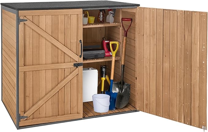 Outdoor Storage Shed with Metal Frame,Wooden Tool Cabinet for Trash Cans, House Garden Shed for Backyard Garden Patio Lawn