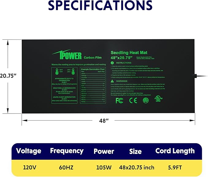iPower 48” x 20.75” Seeding Heat Mat Upgraded Carbon Film Indoor Warm Hydroponic Plant Germination Starting Pad Durable Waterproof