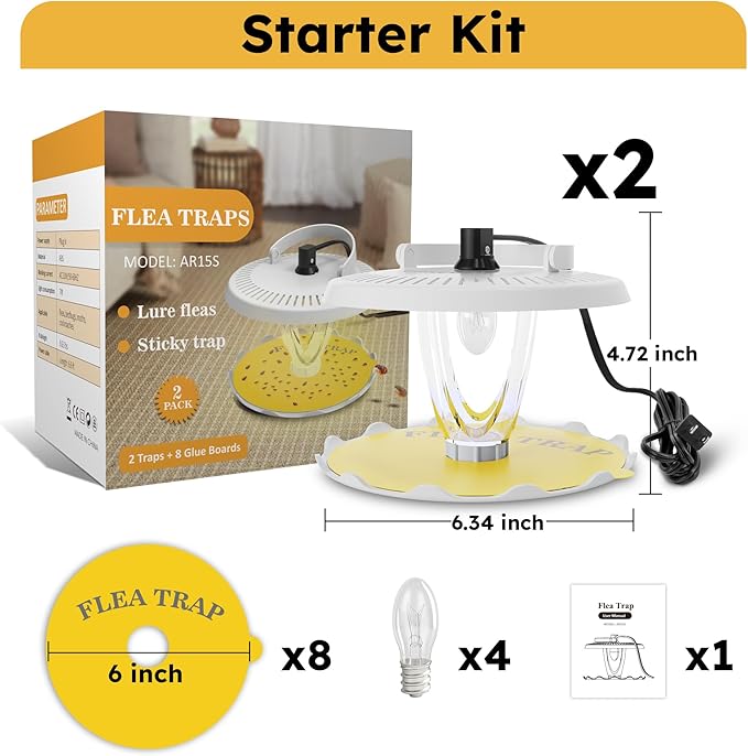 Flea Trap for Inside Your Home Indoor Electric Flea Light Catcher and Kiler for House 2 Pack with 8 Sticky Pads Refills and 4 Replacement Lightbulb