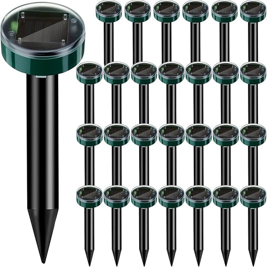28 Pieces Solar Mole Repellent Ultrasonic Outdoor Gopher Deterrent Spikes for Garden Yard Lawn Waterproof Solar Powered Repeller for Groundhogs, Voles, Snakes and Other Burrowing Animals (Round)