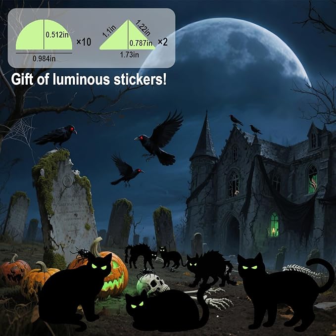 6 Pcs Black Cat Yard Signs with Night-Shining Eyes,Spooky&Scary Decor for Outdoor Lawn Garden Halloween