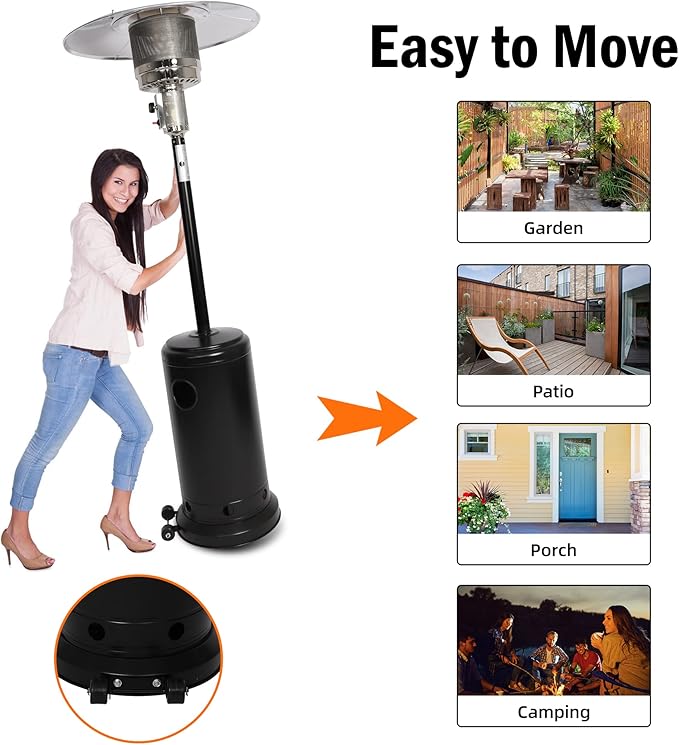 Outdoor Patio Heater, Stainless Steel Propane Heater w/Wheels, Shelf Tabletop, Auto Shut Off Protection, 36000 BTU Tall Standing Gas Heater for Outdoor Use