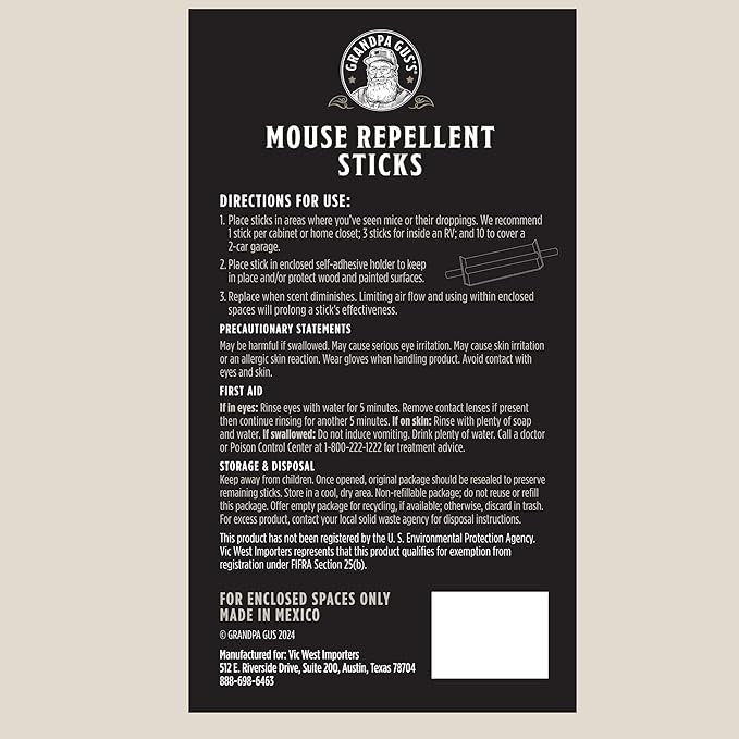 Grandpa Gus's Natural Mouse Repellent Stick, Patented Delivery of Concentrate Peppermint Scent, Plant-Based, Humane Rodent Repellent for Home, Campers & RVs, Pack of 10