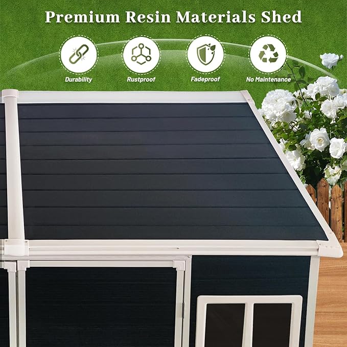 8x4 FT Resin Storage Sheds Outdoor with Floor Included, Plastic Sheds & Outdoor Storage Clearance with 2 Windows and Lockable Door, Backyard Storage Sheds for Bike, Garden Tools