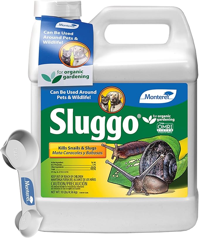 Monterey Sluggo Snail & Slug Killer Bundled with Measuring Spoon - OMRI Listed for Organic Gardening - Wildlife and Pet Friendly - 10 Lb Bottle