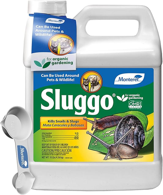 Monterey Sluggo Snail & Slug Killer Bundled with Measuring Spoon - OMRI Listed for Organic Gardening - Wildlife and Pet Friendly - 10 Lb Bottle