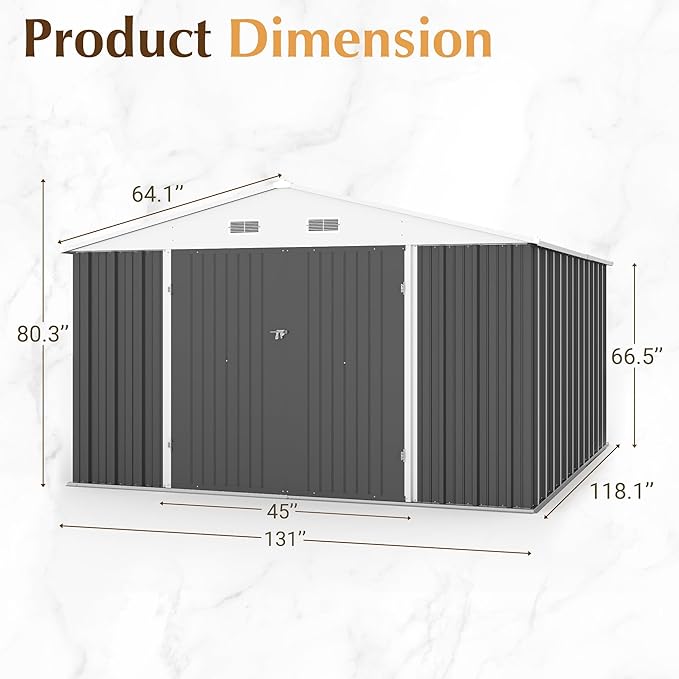 GUNJI 10 x 10 FT Shed Outdoor Storage Shed Metal Garden Shed with Lockable Door Outside Waterproof Tool Shed for Backyard, Patio, Lawn (Gray)