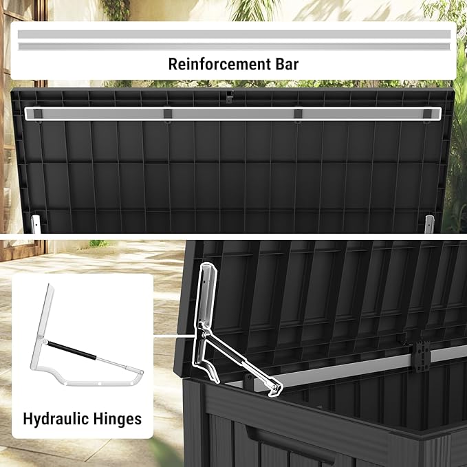 Mars Villa Deck Box, Waterproof and Weatherproof Large Resin Storage Bin with Lockable Lid, Ideal for, Outdoor, Patio Furniture Cushions, Pool Supplies, Garden Tools (150 Gallon, Black)