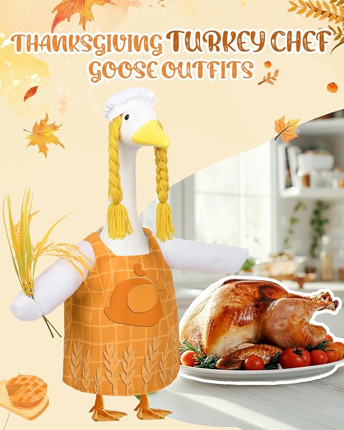 Halloween Porch Goose Outfits – Turkey Chef Goose Outfits for 23” Lawn Goose Statue, Cute Porch Goose Thanksgiving Outifts for Yard, Patio & Garden Decor